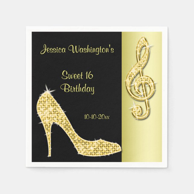 Serviette En Papier Gold Stiletto & Treble Cleft Sweet 16 (Devant)