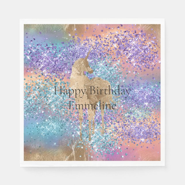 Serviette En Papier Gold Unicorn Étincelle violette Aqua rose Nom de l (Devant)