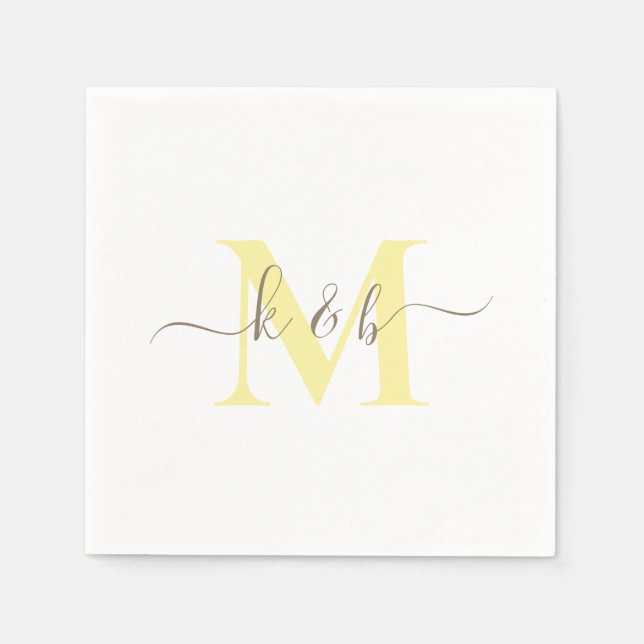 Serviette En Papier Gold & Yellow Monogram Swash Script Cocktail blanc (Devant)