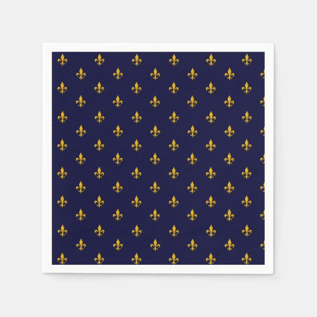 Serviette En Papier Golden Fleur de Lis sur Navy Blue (Devant)