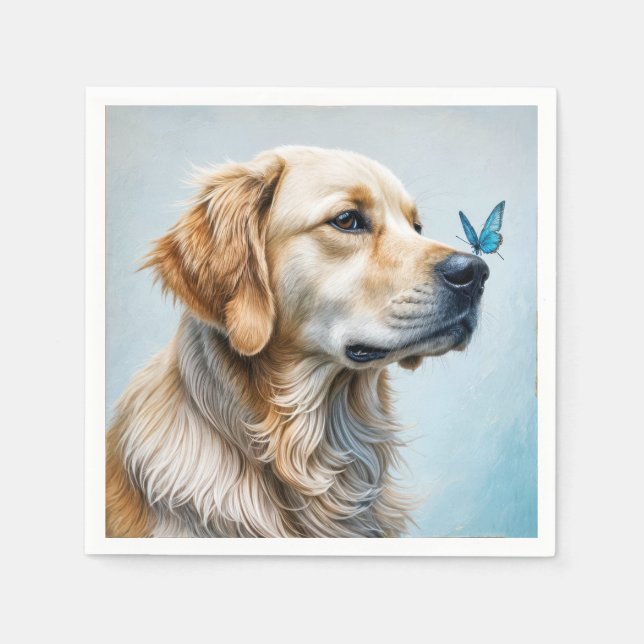Serviette En Papier Golden Retriever avec papillon bleu (Devant)