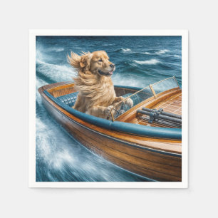 Serviette En Papier Golden Retriever Conduisant Un Vieux Motorboat