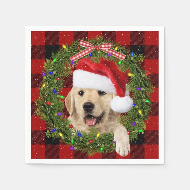 Serviette En Papier Golden Retriever dans la couronne de Noël (Devant)
