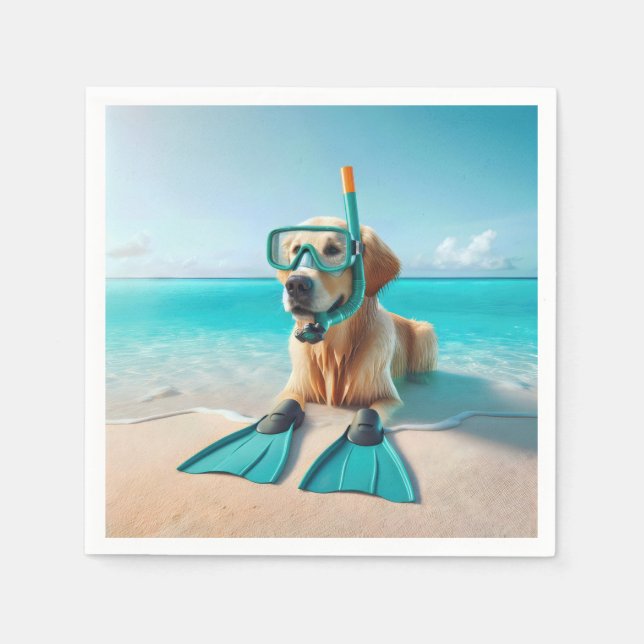 Serviette En Papier Golden Retriever portant tuba et palmes (Devant)