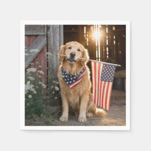 Serviette En Papier Golden Retriever tenant un drapeau américain