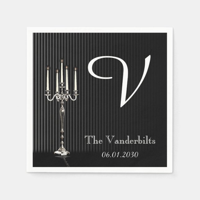 Serviette En Papier Gothique Candelabra sur Pinstripe Monogram Mariage (Devant)
