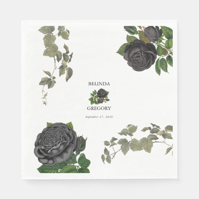 Serviette En Papier Gothique Halloween Rose noir Mariage blanc (Devant)