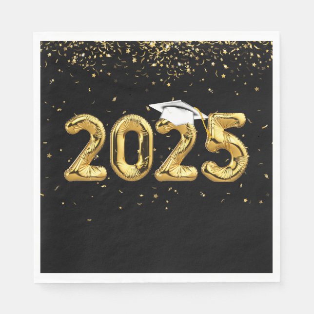 Serviette En Papier Graduation 2024 Ballons d'or et Casquette blanc (Devant)