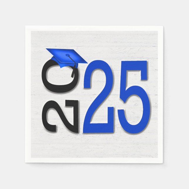 Serviette En Papier Graduation 2025 Bleu et noir sur bois (Devant)
