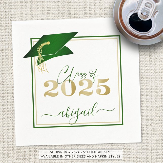 Serviette En Papier Graduation 2025 Faux Metallic Green Gold Script (Créateur téléchargé)