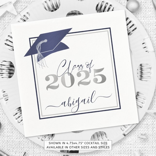 Serviette En Papier Graduation 2025 Faux Metallic Navy Argent Script (Créateur téléchargé)