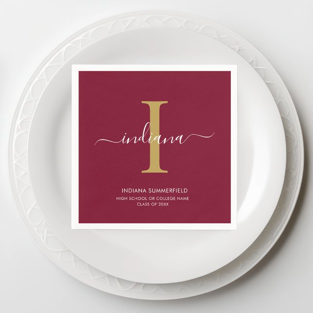 Serviette En Papier Graduation 2025 Monogramme Script Bourgogne (Monogram Script Burgundy Graduation Paper Napkin)