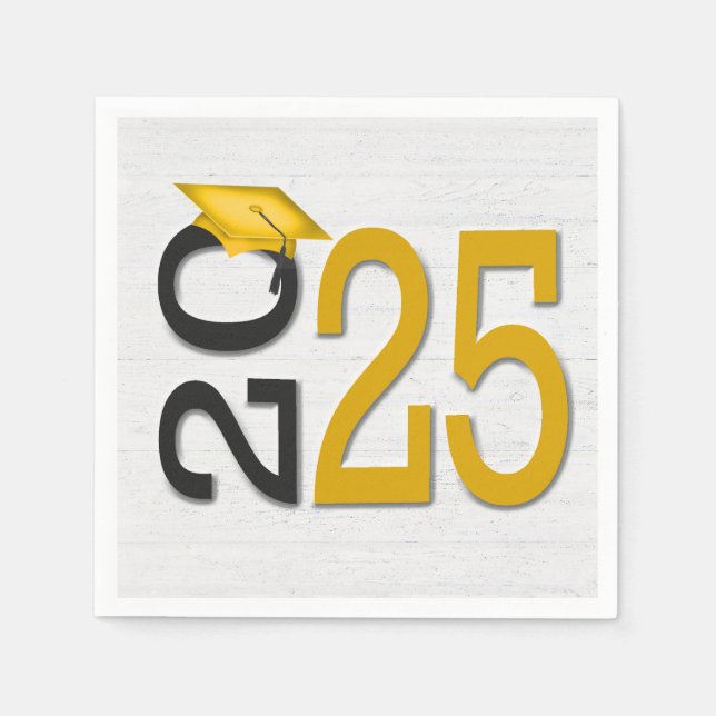 Serviette En Papier Graduation 2025 Or et noir sur bois (Devant)