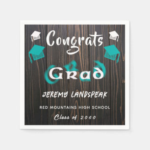 Serviette En Papier Graduation 2025 Turquoise & blanc Texte flou