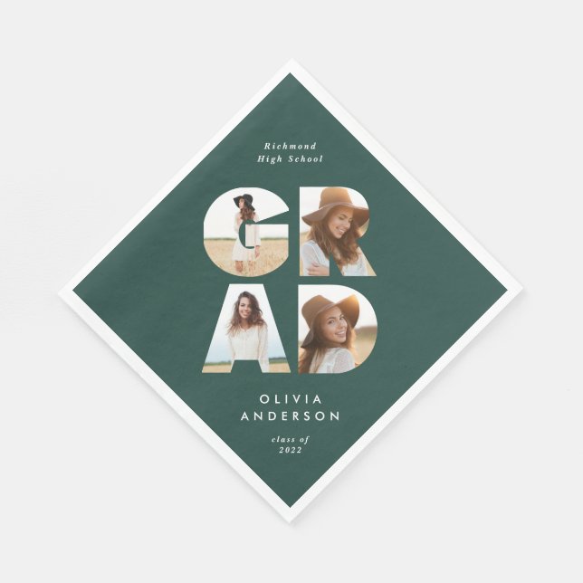 Serviette En Papier Graduation 4 photo moderne personnalisé vert (Coin)