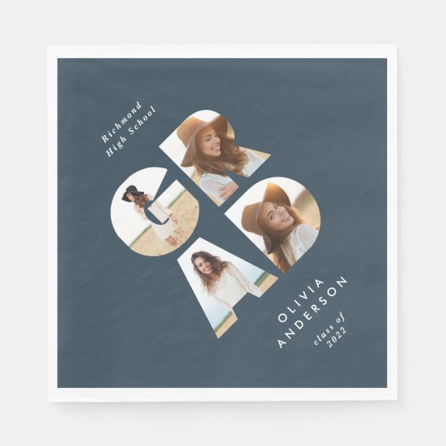 Serviette En Papier Graduation 4 photo moderne personnalisée marine bl (Devant)
