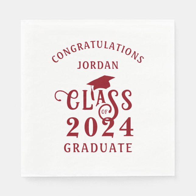 Serviette En Papier Graduation Classe rouge élégante Nom de l'année (Devant)