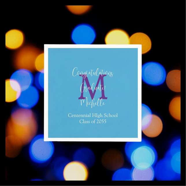 Serviette En Papier Graduation Party Bleu pourpre Blanc Nom Monogramme (Créateur téléchargé)