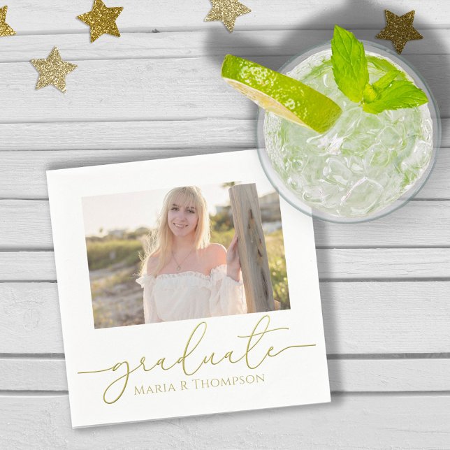 Serviette En Papier Graduation Photo Elegant Gold Minimalist Script (Créateur téléchargé)