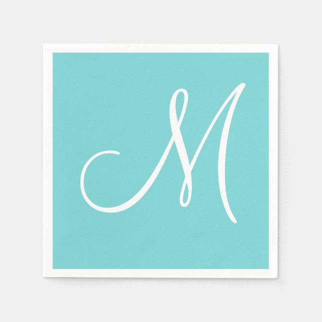 Serviette En Papier Grand monogramme blanc élégant | Pastel Turquoise (Devant)