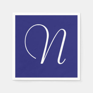 Serviette En Papier Grand Monogramme Élégant Blanc   Bleu Minuit
