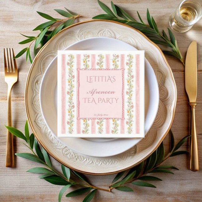 Serviette En Papier Grandmillenial thé baby shower monogrammed (Grandmillenial tea party baby shower monogrammed napkins stripped pastel pink personalized napkins)