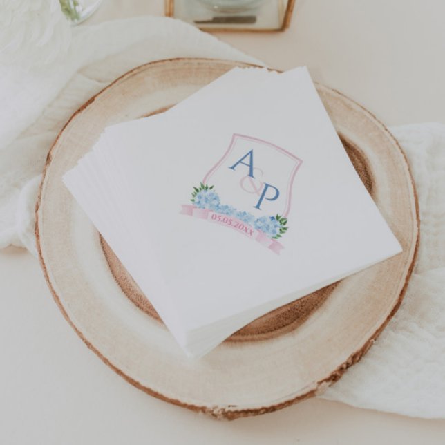 Serviette En Papier Grandmillenium rose et bleu Hydrangea Mariage Cres (Pink and blue hydrangea monogram wedding crest napkins)