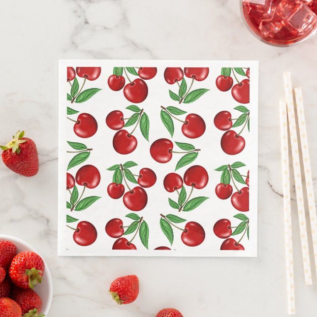 Serviette En Papier Graphique de cerises rouges sur tout le Motif (En situation)