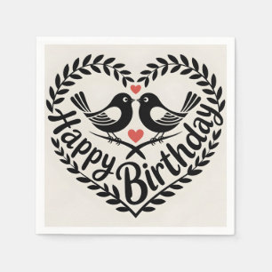 Serviette En Papier Graphique Joyeux Anniversaire Cœur avec Oiseaux d'