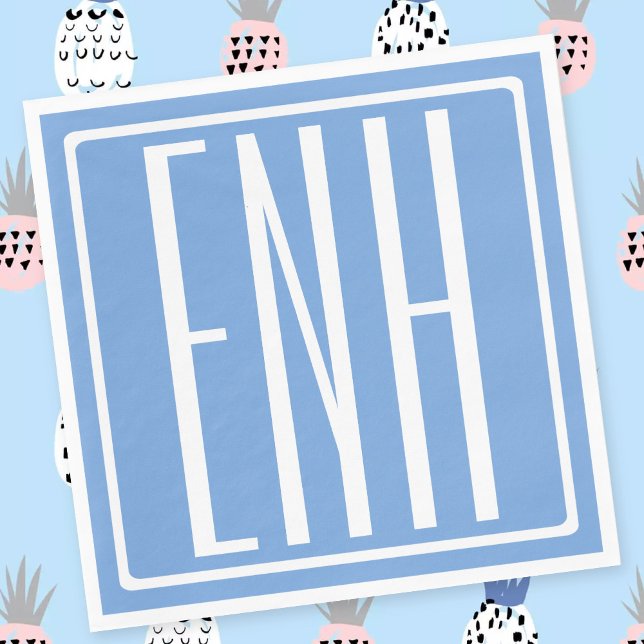 Serviette En Papier Gras moderne 3 initiales Monogramme | Bleu doux (Créateur téléchargé)