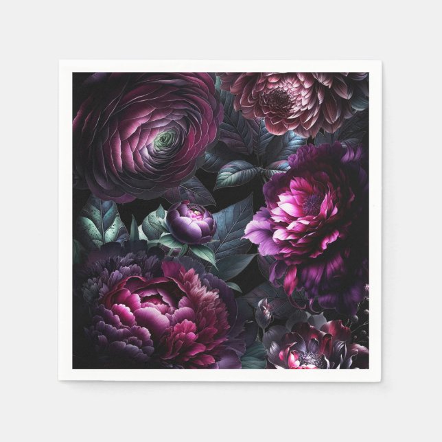 Serviette En Papier Gras Moody Flowers Black Enchanted Floral Mariage (Devant)