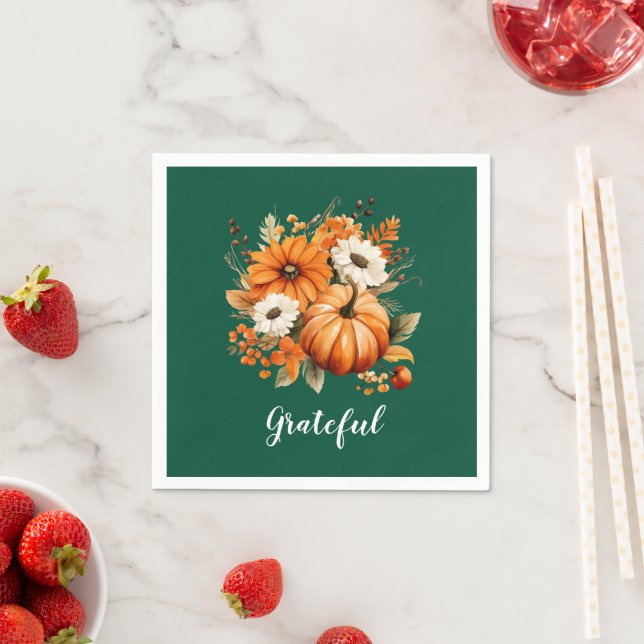 Serviette En Papier Grateful Autumn Floral Pumpkin Green Square (En situation)