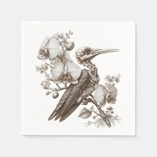 Serviette En Papier Gravure de squelette d'oiseau vintage et de fleurs