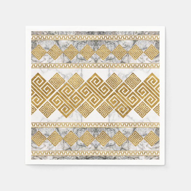 Serviette En Papier Greek Meander - Greek Key White Marble and Gold (Devant)