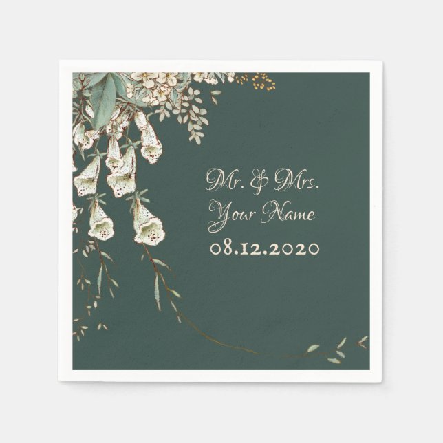 Serviette En Papier Green Floral Garland Script Mariage élégant (Devant)