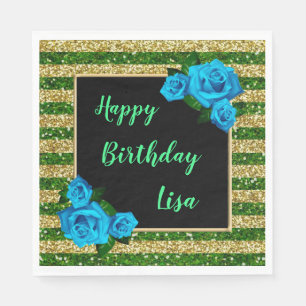 Serviette En Papier Green Gold Stripes Parties scintillant Blue Roses