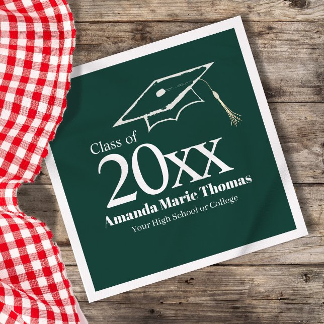 Serviette En Papier Green Graduation Script Name Class Year Design (Green graduation napkin styled with coffee cup, custom name and class year design)