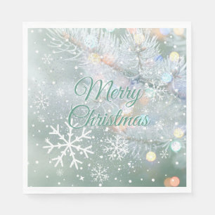 Serviette En Papier Green Merry Christmas Snowflakes