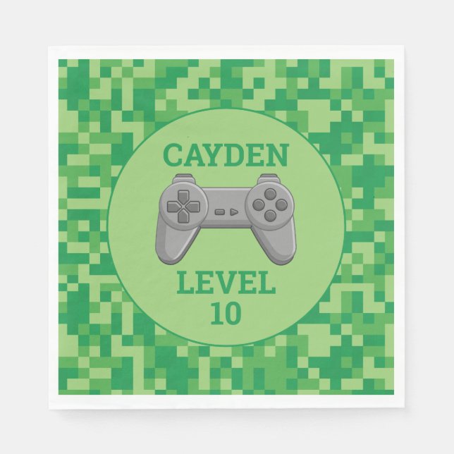 Serviette En Papier Green Pixelellelevel up Video Game Anniversaire (Devant)