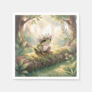 Serviette En Papier Grenouille portant une couronne florale en forêt