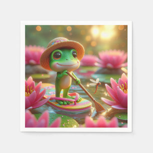 Serviette En Papier Grenouille sur un tonneau dans un étang
