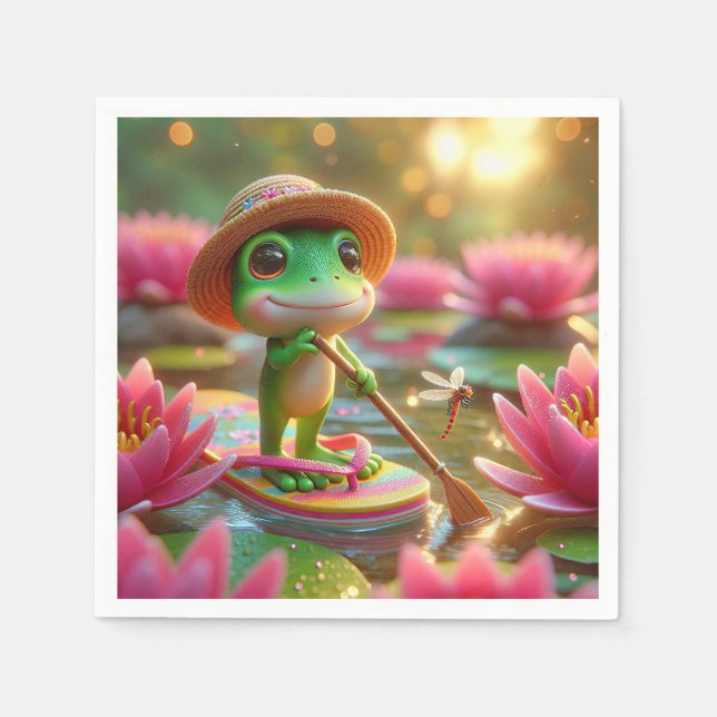 Serviette En Papier Grenouille sur un tonneau dans un étang (Devant)