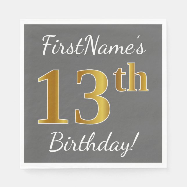 Serviette En Papier Grey, Faux Gold 13e anniversaire + Nom personnalis (Devant)