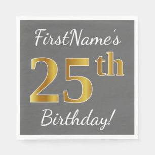 Serviette En Papier Grey, Faux Gold 25e anniversaire + Nom personnalis