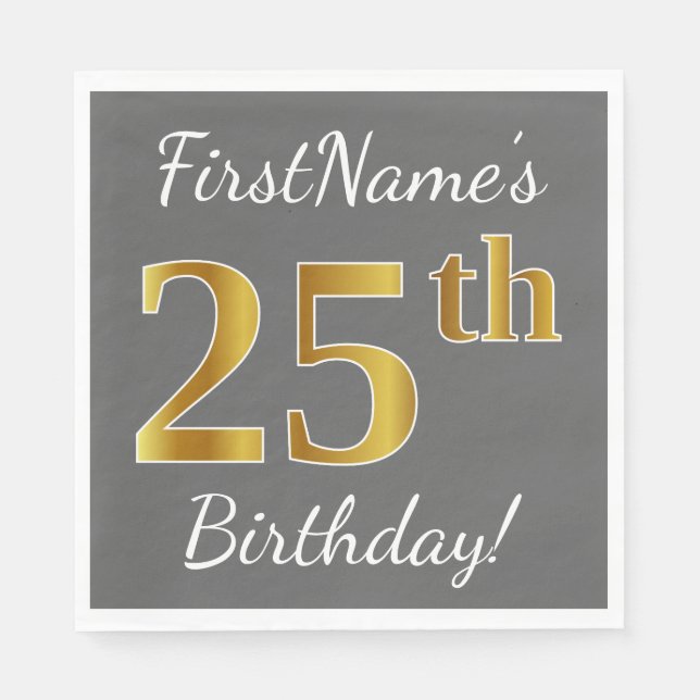 Serviette En Papier Grey, Faux Gold 25e anniversaire + Nom personnalis (Devant)