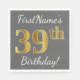 Serviette En Papier Grey, Faux Gold 39e anniversaire + Nom personnalis