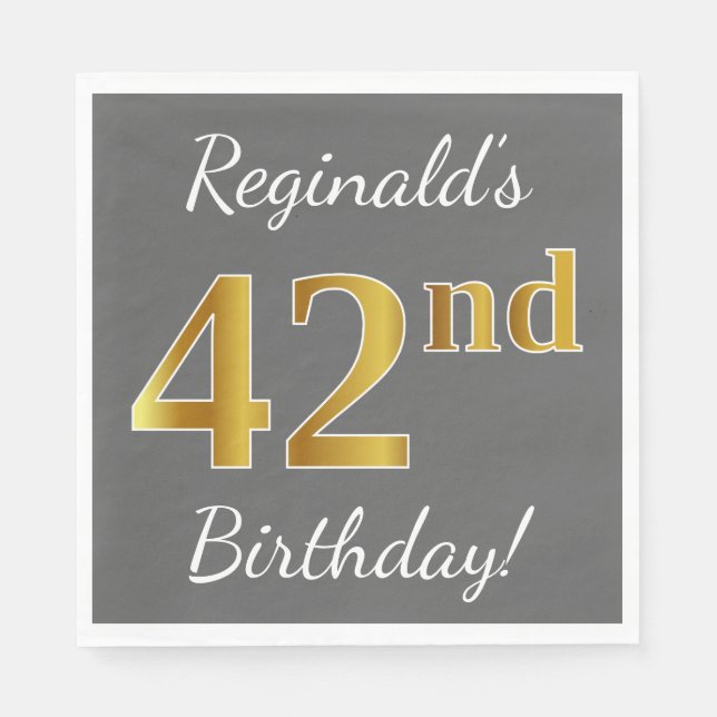 Serviette En Papier Grey, Faux Gold 42e anniversaire + Nom personnalis (Devant)