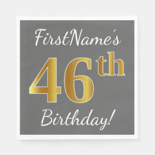 Serviette En Papier Grey, Faux Gold 46th Birthday + Nom personnalisé