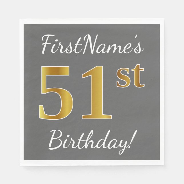 Serviette En Papier Grey, Faux Gold 51e anniversaire + Nom personnalis (Devant)