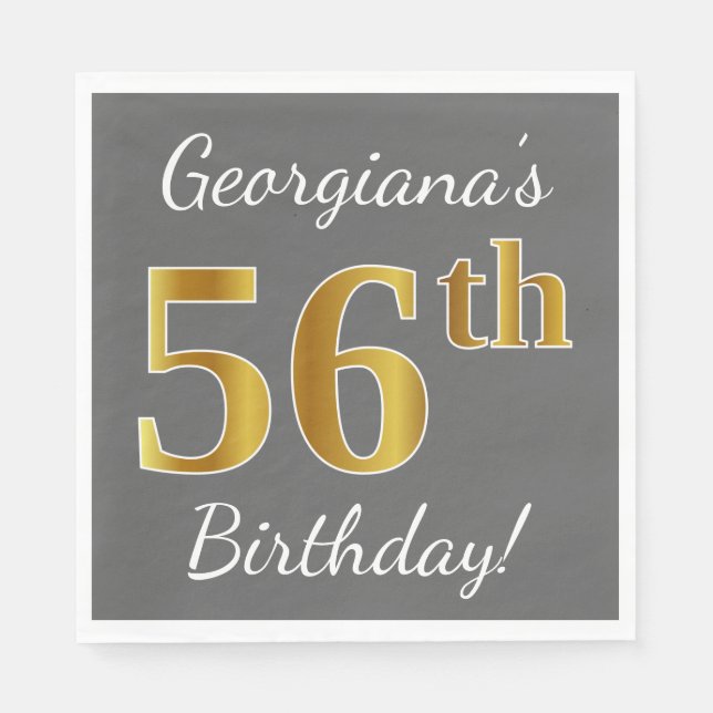 Serviette En Papier Grey, Faux Gold 56e anniversaire + Nom personnalis (Devant)